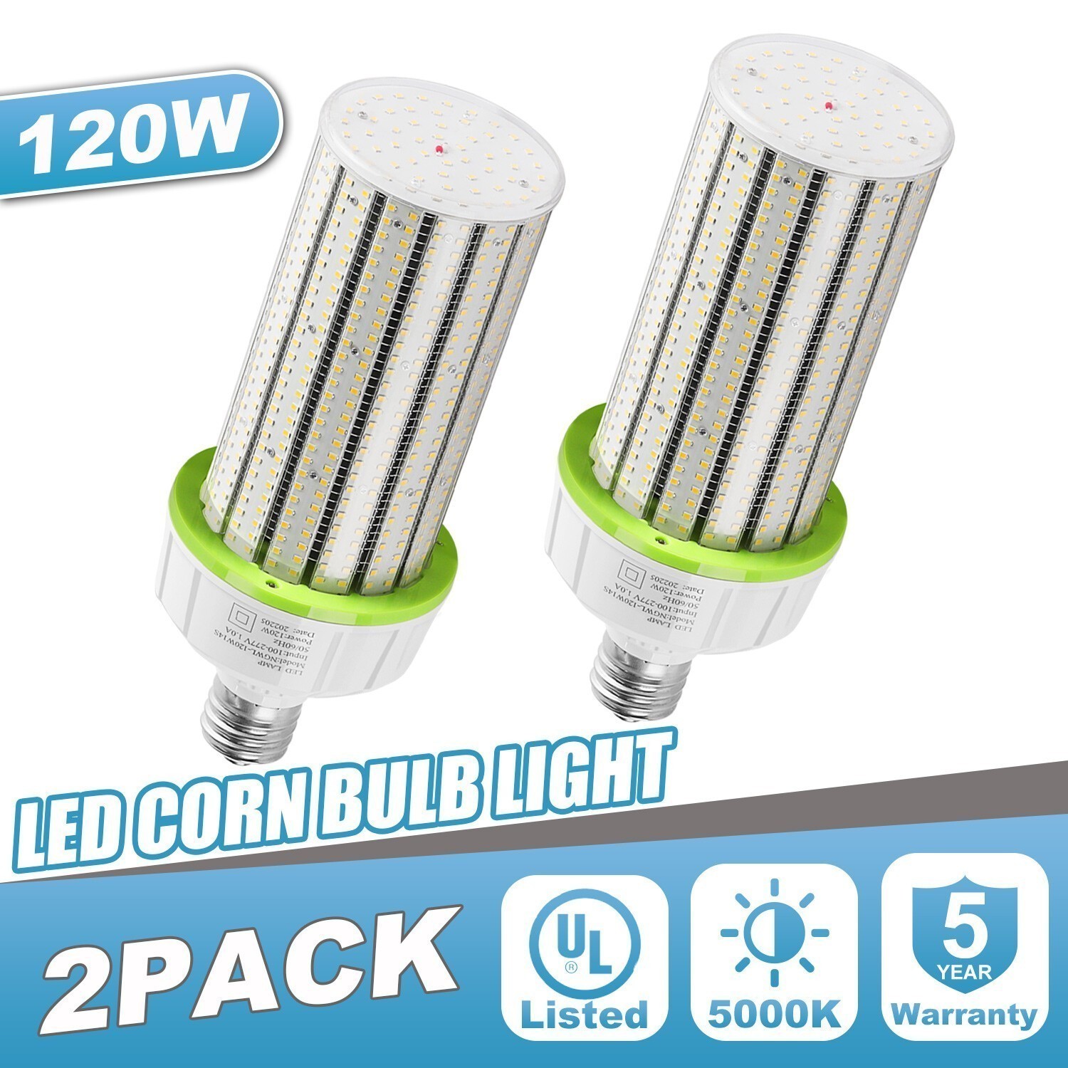 2Pack LED Corn Bulb Light 120W 100-277V 5000K E39 Base Warehouse Garage Lighting gallery