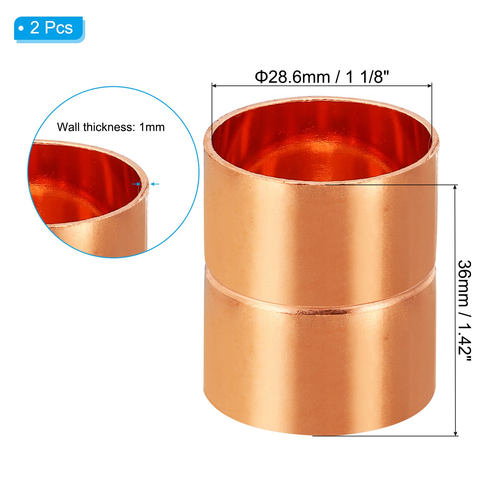 2Pcs 1-1/8" ID Copper Coupling Fittings Rolled Tube Stop Straight Welding Joint gallery