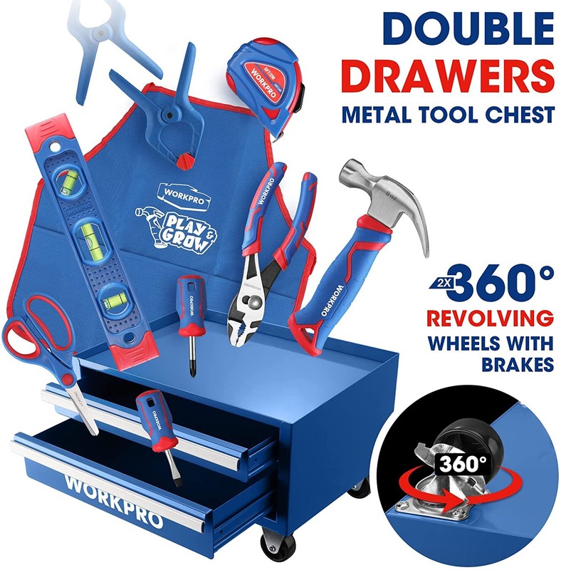 WORKPRO Pink/Blue Beginner Tool Set 12" Steel Tool Box 10PC Starter Tool Box Set gallery