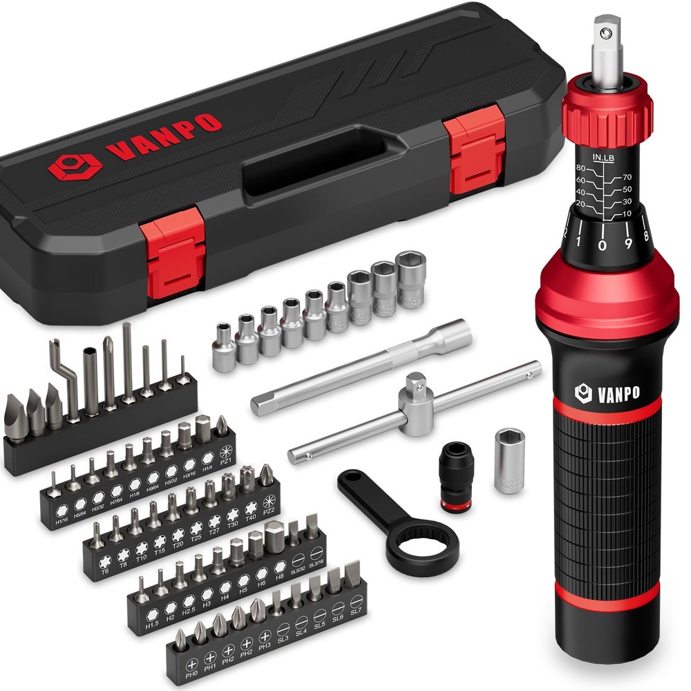 VANPO Torque Screwdriver Set, 64 Pieces 10–80 in-lb 10-80 in.lb 64 Pcs, Black