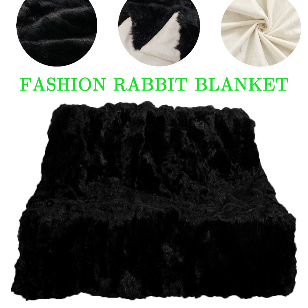 Real Fur Throw Luxury Rabbit Fur Blanket Pelt Warm Bedspread King Black 80x76in gallery