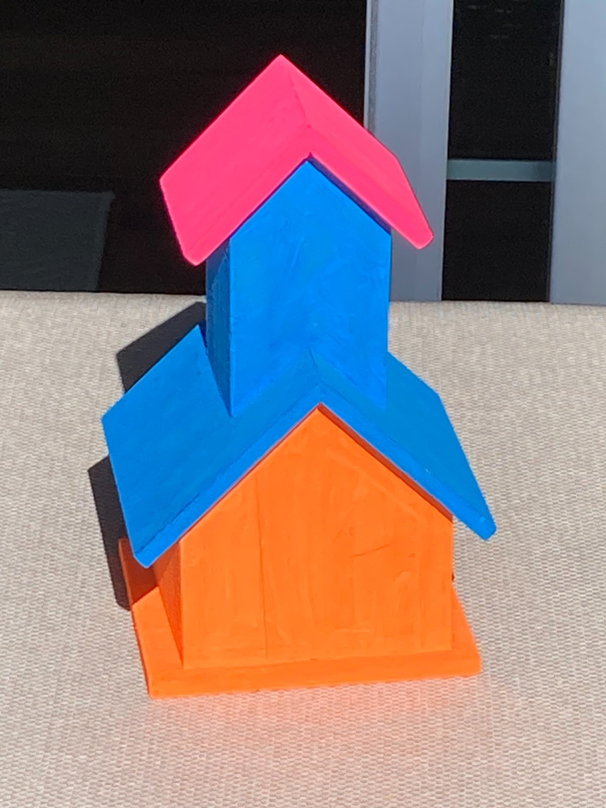Handmade Bright Pink, Blue & Orange Wood 2-Level Church Birdhouse w/ Perch Post! gallery