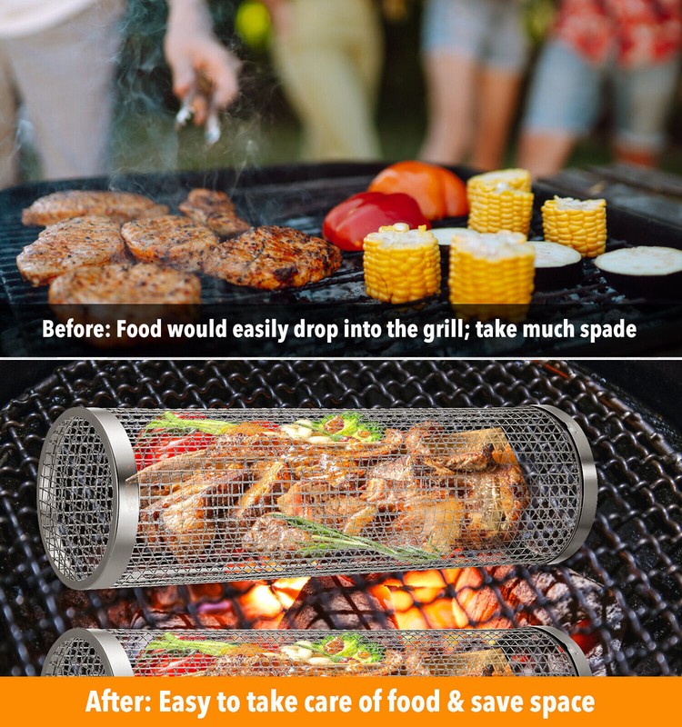 2 Pack Rolling Grilling Basket Stainless Steel For BBQ Grill Outdoor Tools US gallery