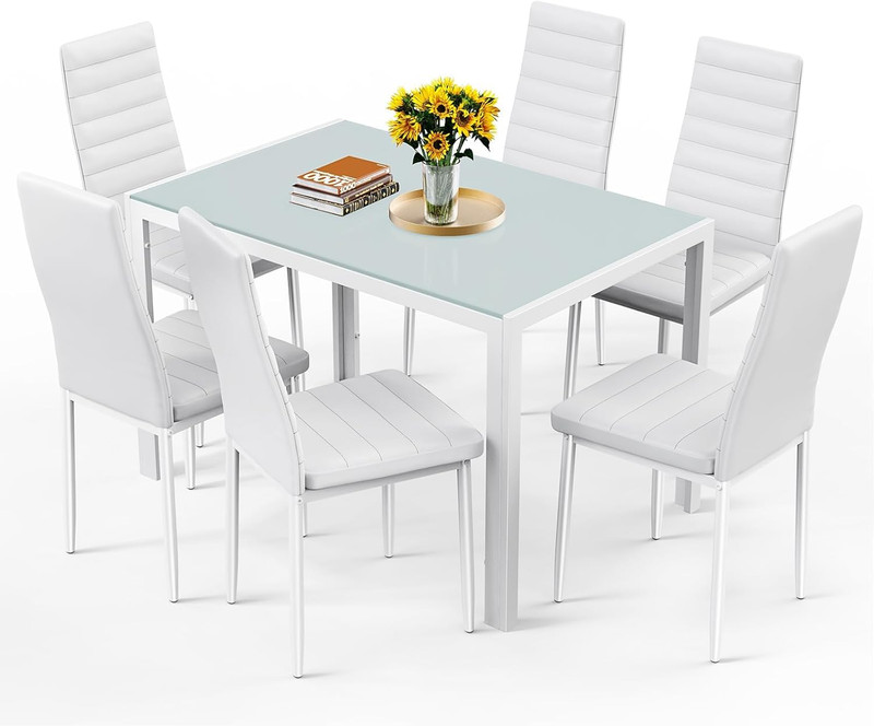 Bealife Kitchen Dining Table Set for 6, Tempered Glass 7 Piece Table and Chairs gallery