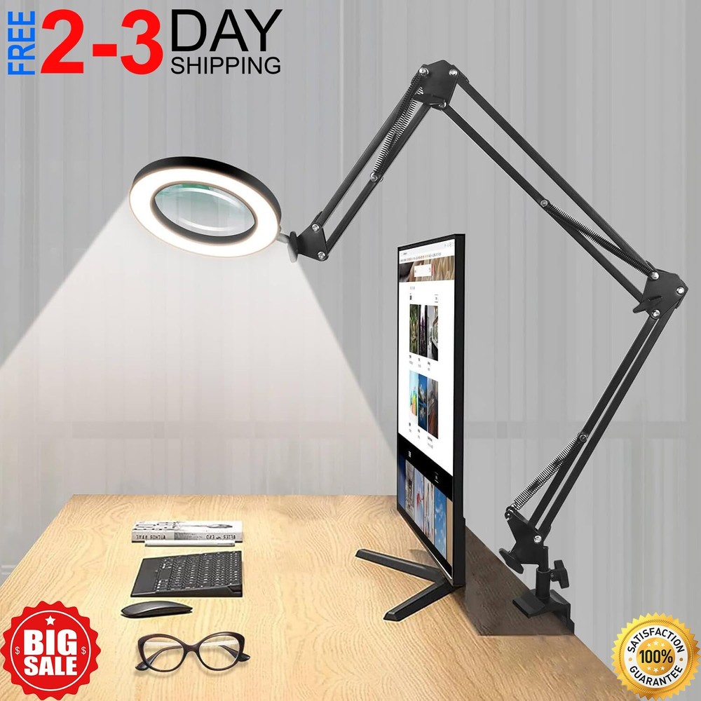 Magnifying Glass Desk Lamp with 3-Section Swing Arm and Big Clamp, Magnifying...