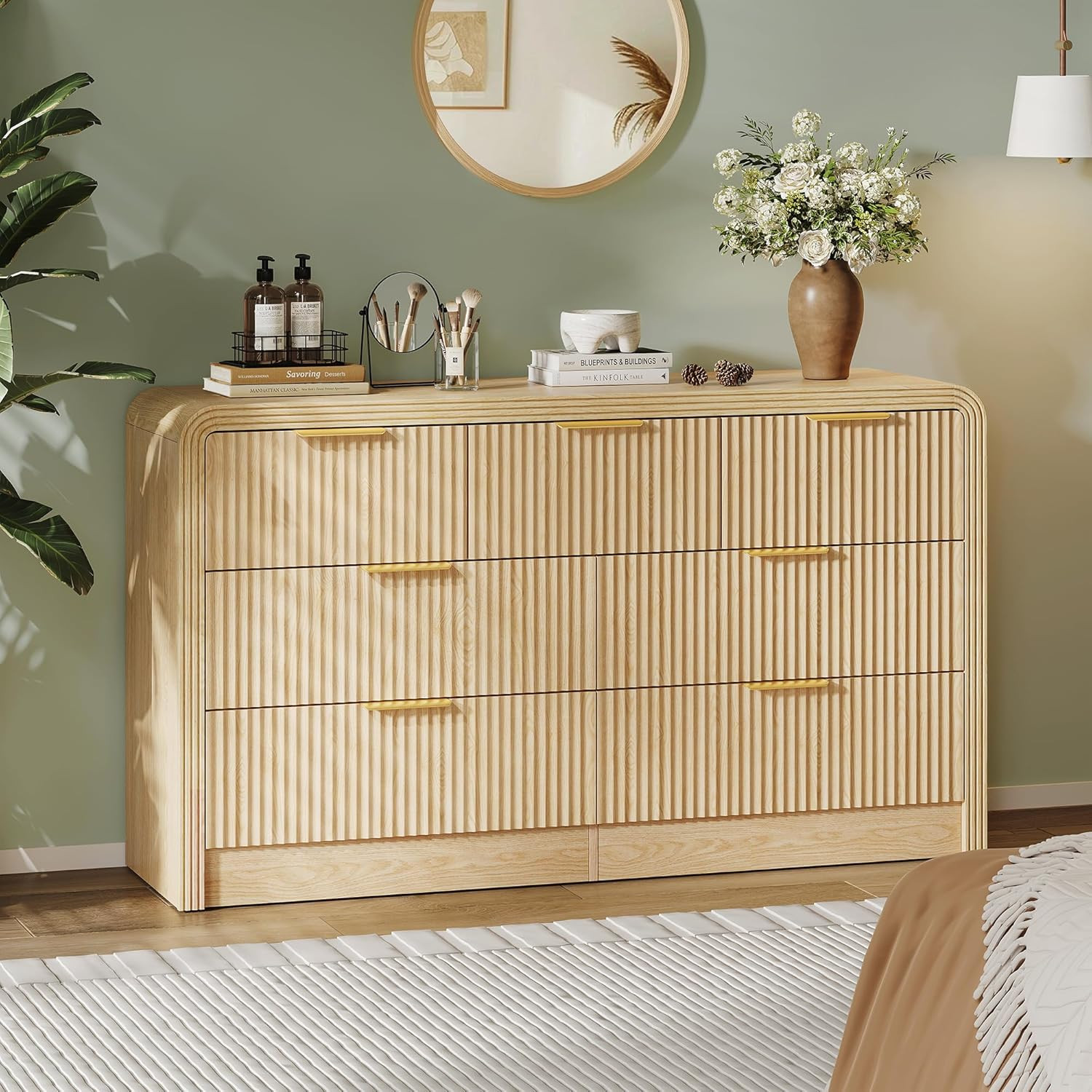 Modern Fluted Dresser with Gold Handles - 7 Drawer Storage in Natural Oak gallery