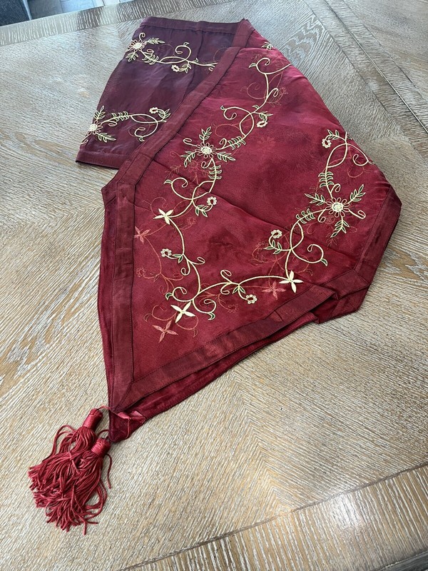 Table Runner Burgundy Embroidered Beaded Silk 84”X 15” With Tassels gallery
