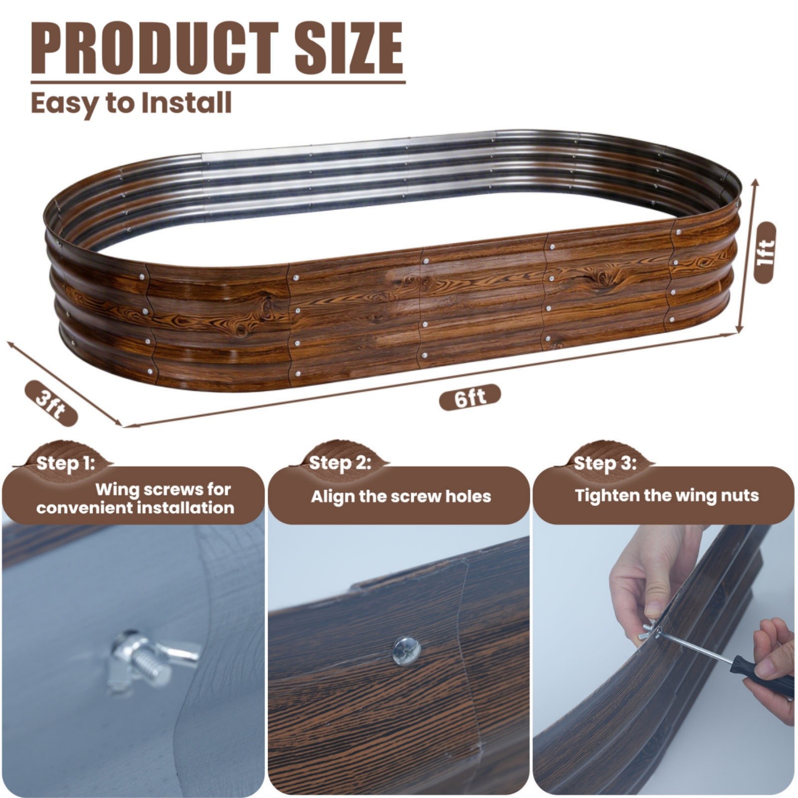 2 Pack Galvanized Raised Garden Bed Outdoor Oval Planter Box 6x3x1ft Brown Color gallery