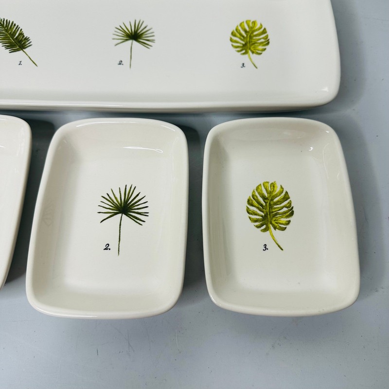 Botanical Palm Leaf Ceramic Serving Set Platter and 3 Appetizer Trays Green gallery