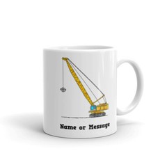 Personalized Crawler Crane Mug. Custom Yellow Crane Ceramic Coffee Mug