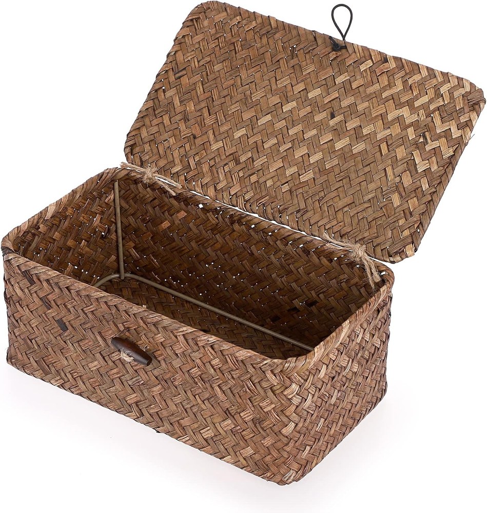 Wicker Shelf Baskets Bin with Lid, Handwoven Seagrass Basket Storage Bins
