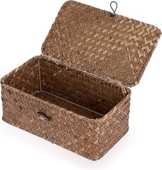 Wicker Shelf Baskets Bin with Lid, Handwoven Seagrass Basket Storage Bins