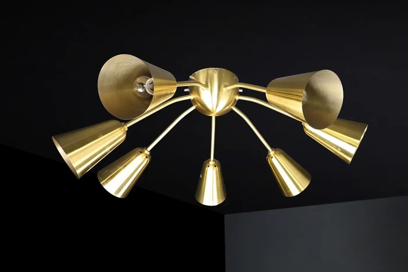 Italian Mid-Century Solid Brass Sputnik Chandelier 7 Lights Cone Shade by H D gallery