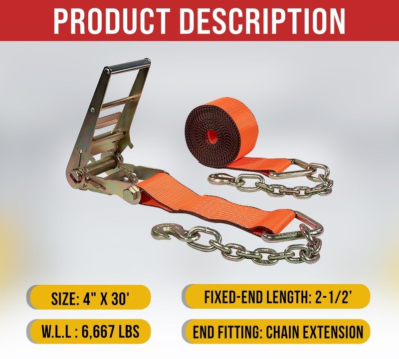 4"x30' Orange Ratchet Strap with Chain Anchor 6667 Lbs WLL Hi Abrasion Tie Down gallery