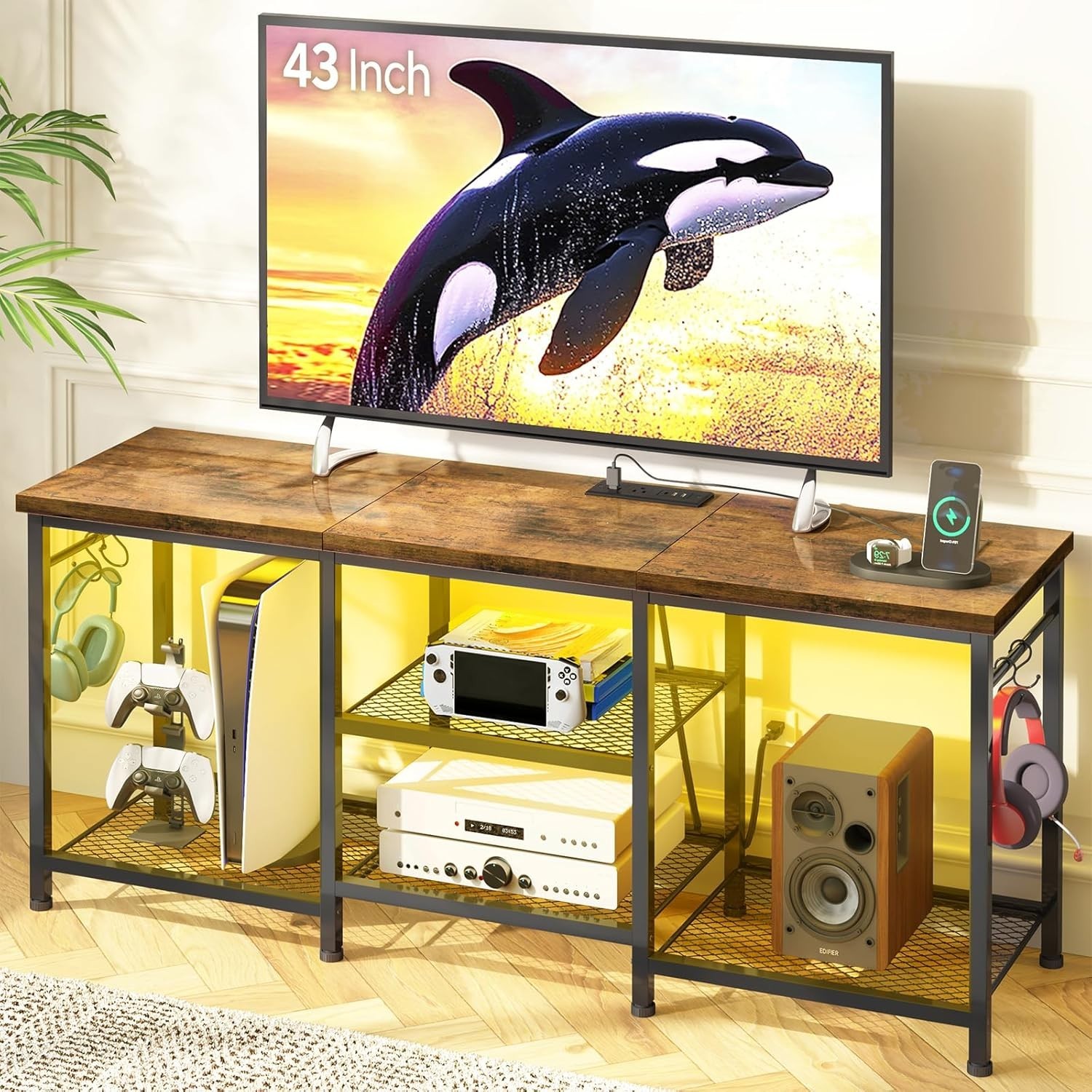 TV Stand for 55 Inch TV Entertainment Center LED Lights Storage Shelves Rustic B gallery