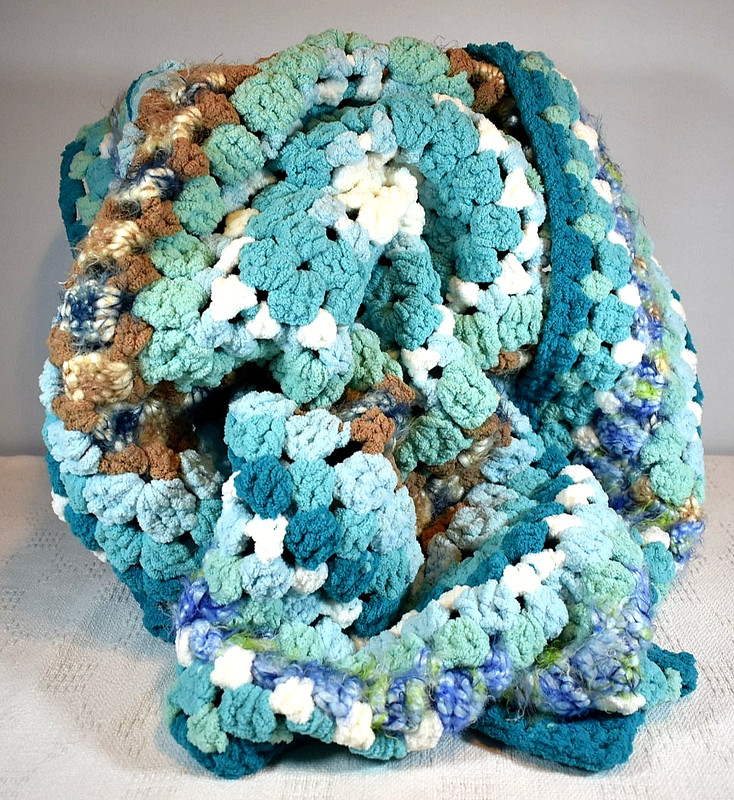 Handcrafted, Crocheted Square Afghan, Chunky Blue Brown, White & Teal- 44" x 42" gallery