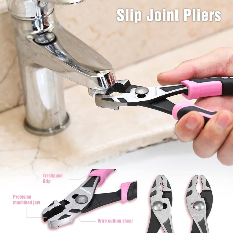 WORKPRO 4-Pieces Pliers Set Premium CR-V Construction Plier Tool Pink Ribbon/Red gallery
