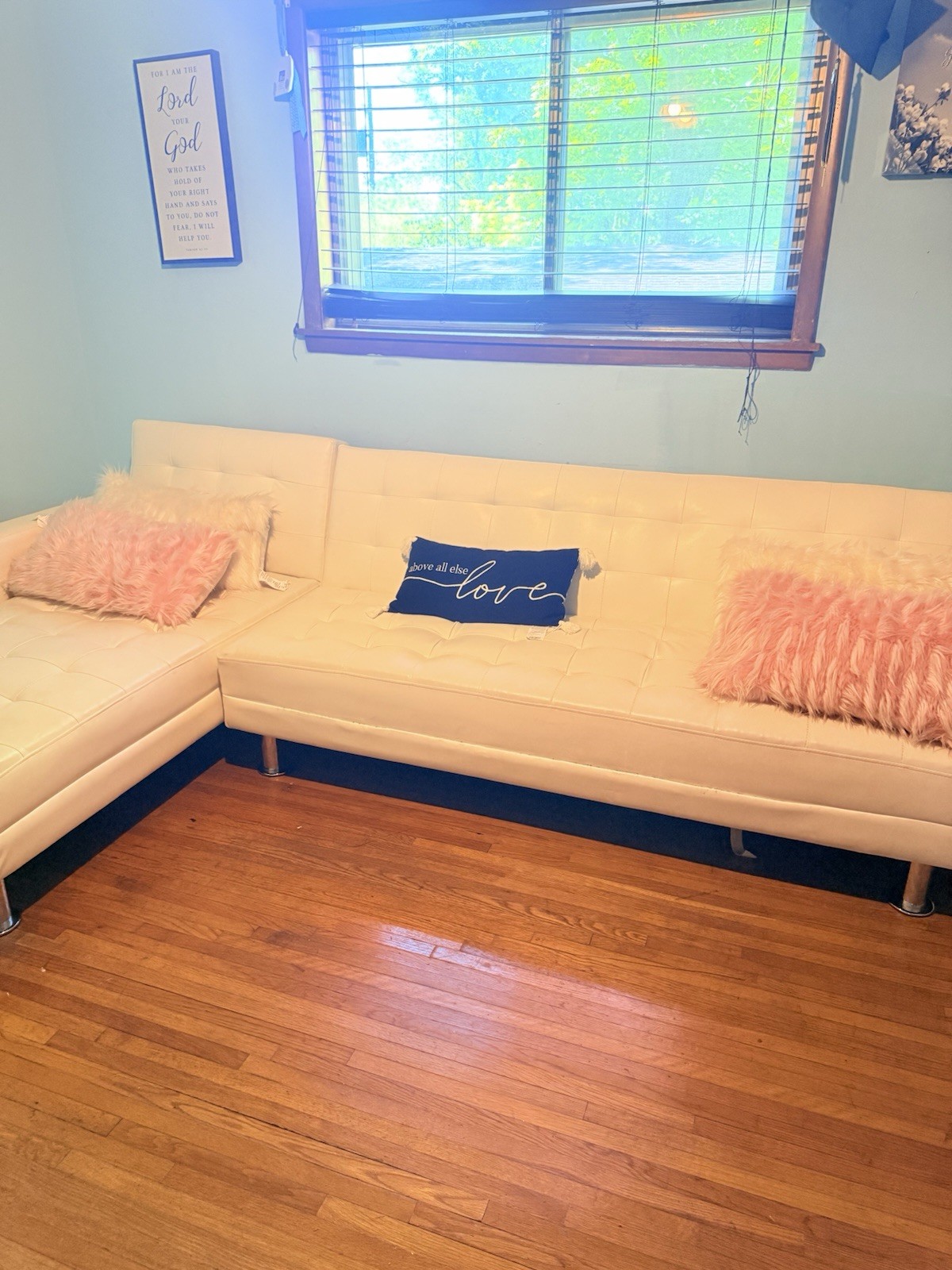 Better Homes White Tufted Leather Sectional Sofa, Glam, Silver Metal Legs gallery