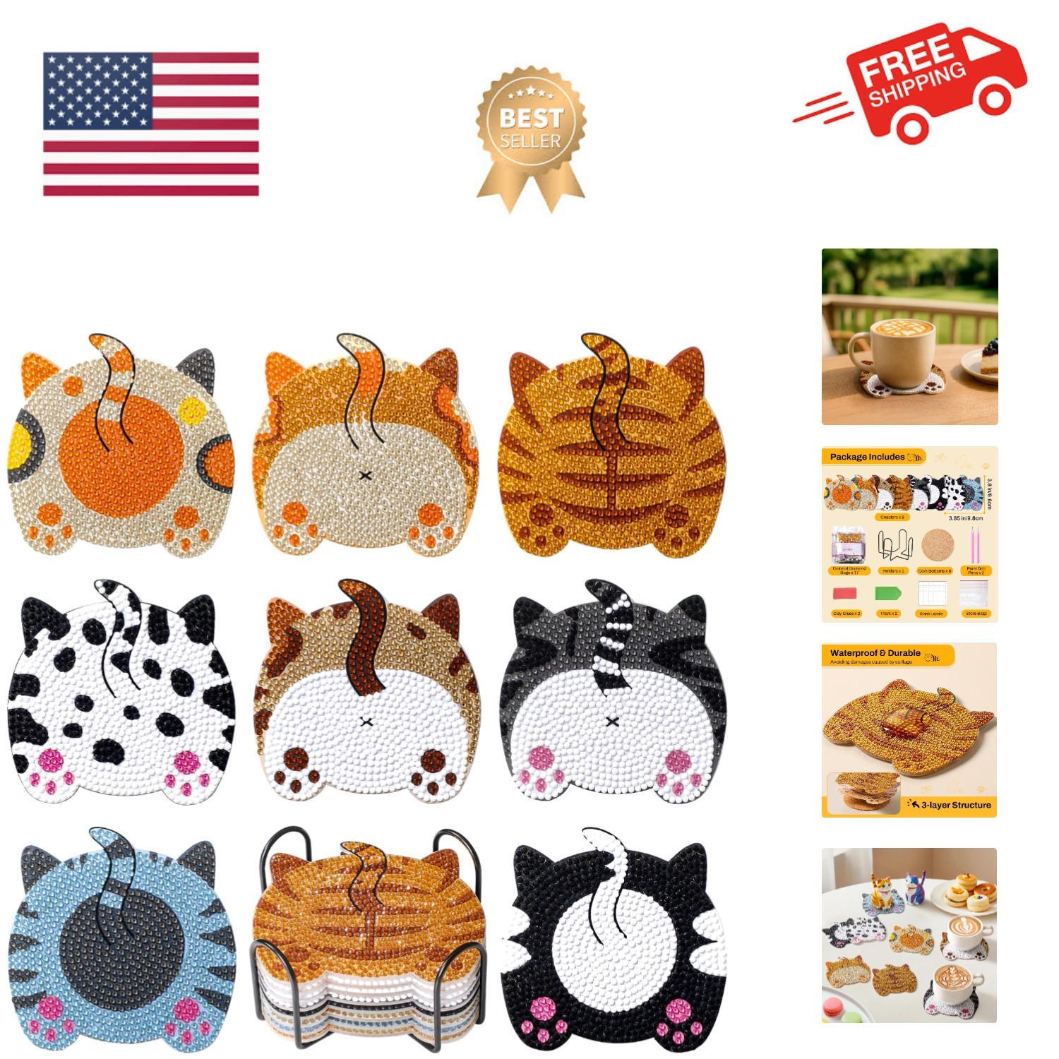 Diamond Art Painting Coasters Kits, 8Pcs Cat Butt Coaster with Holder for Adu... gallery