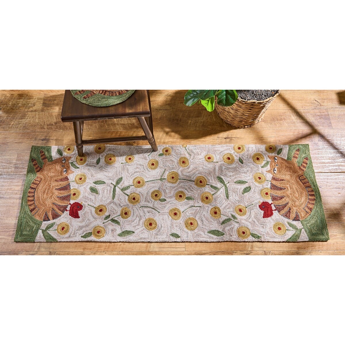 Cat Hooked Runner Rug Primitive Farmhouse Country 2 x 6 ft gallery