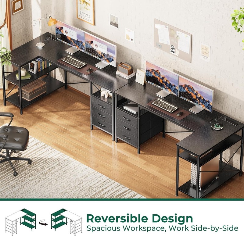 Shaped Office Desk with Power Outlets, 55 Inch Computer Desk with 3 Drawers, She gallery