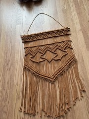 Large Boho Macrame Wall Hanging – Caramel Brown Woven Fiber Art – 32” X 20”
