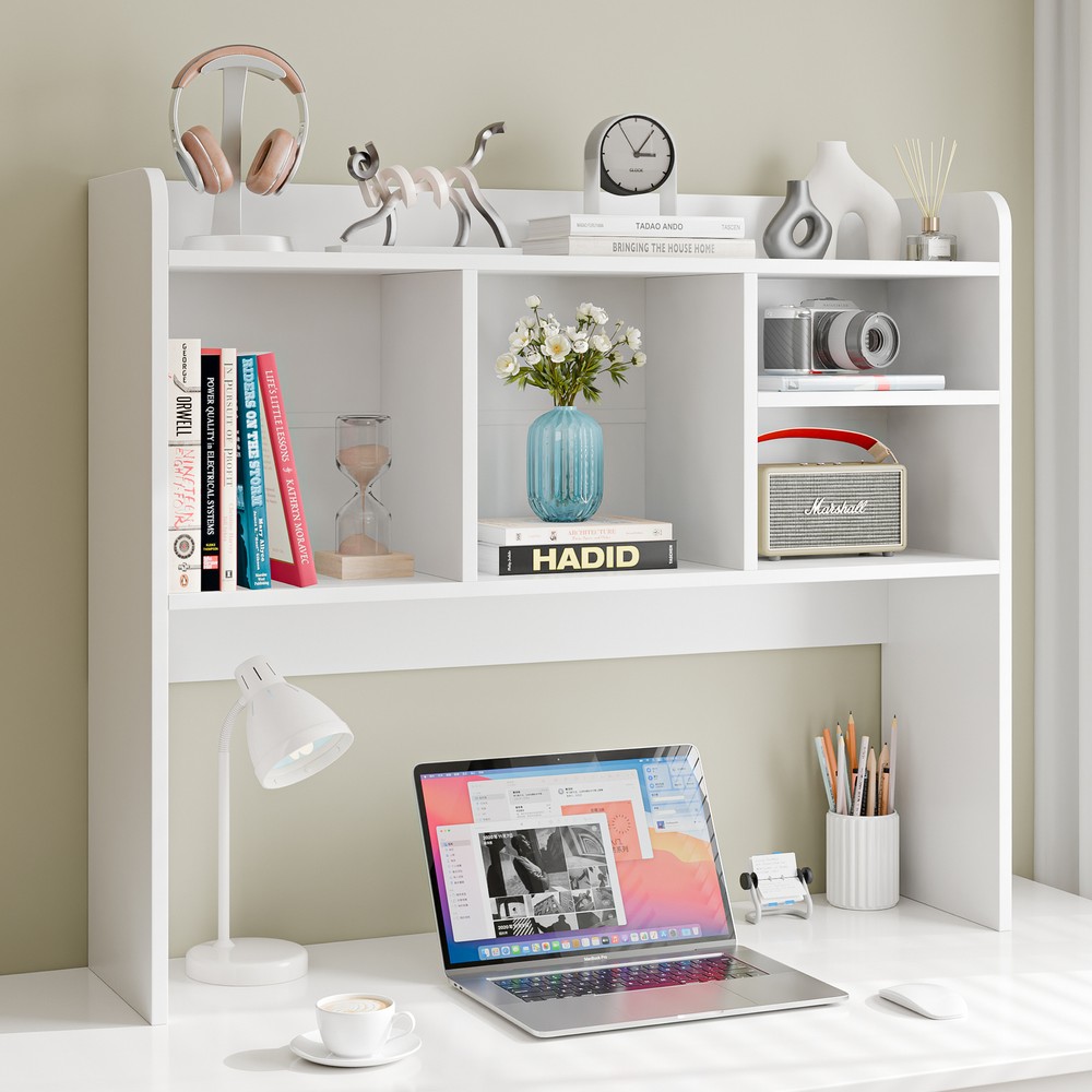 Space-Saving Compact Tabletop Bookshelf with Large Bottom Bin & 4 Open Cubbies