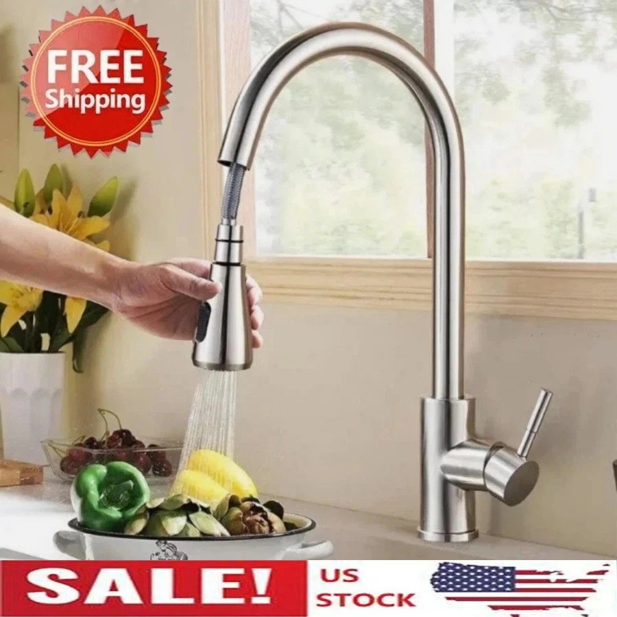 Kitchen Sink Faucet Brushed Nickel Single Handle Swivel Pull Down Sprayer Mixer gallery