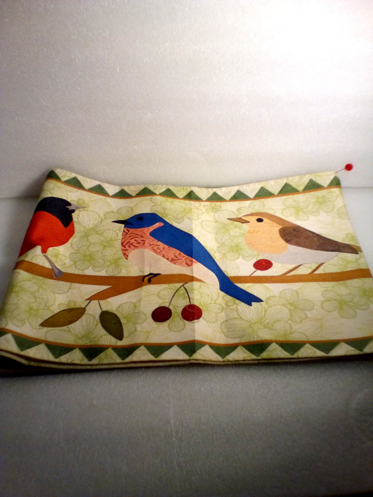 Fabric Table Runner Birds Flowers Cherries Whimsical Colorful 12'' x 70'' EUC! gallery