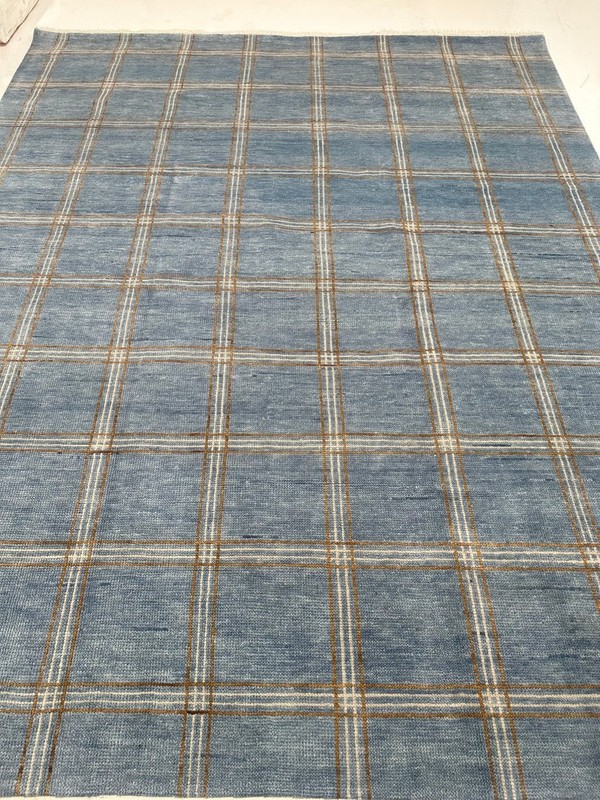 concord blue Handknotted Plaid Wool Rug Blue Checkered Area Rug Modern 8x10 gallery