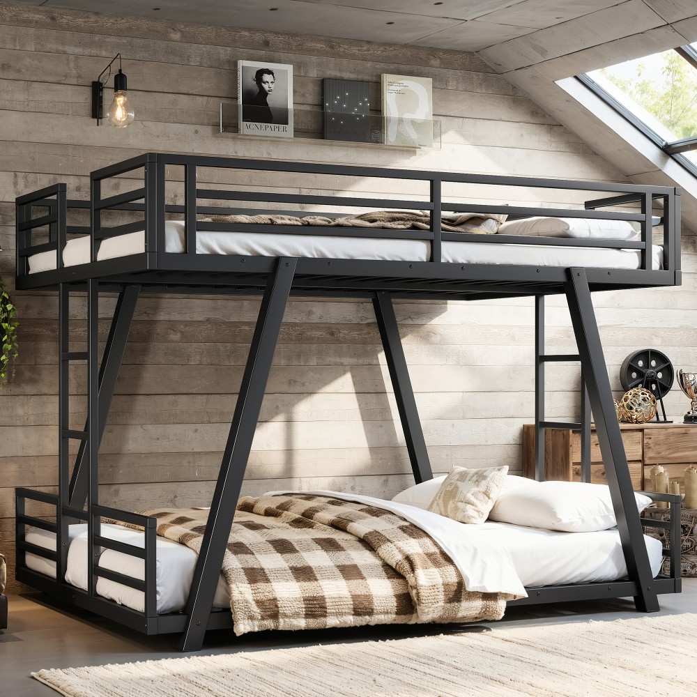 Queen over Queen Size Metal Bunk Bed with 2 Side Ladders,Low Profile Bunk Bed gallery