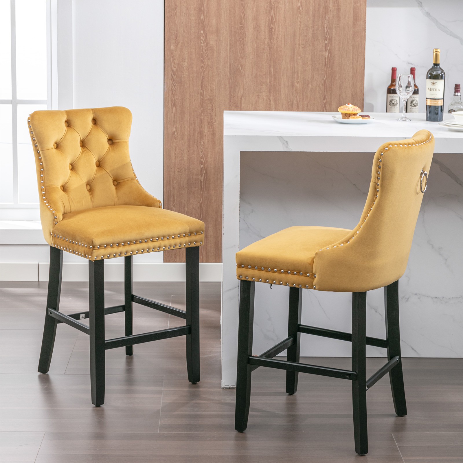 Contemporary Velvet Upholstered Barstools with Button Tufted Decoration and Wo gallery