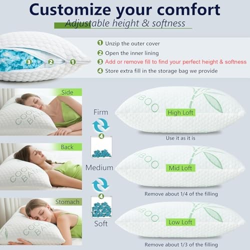 Memory Foam Pillows, Cooling Pillows Queen Queen (Pack of 2) Green-white Bamboo gallery