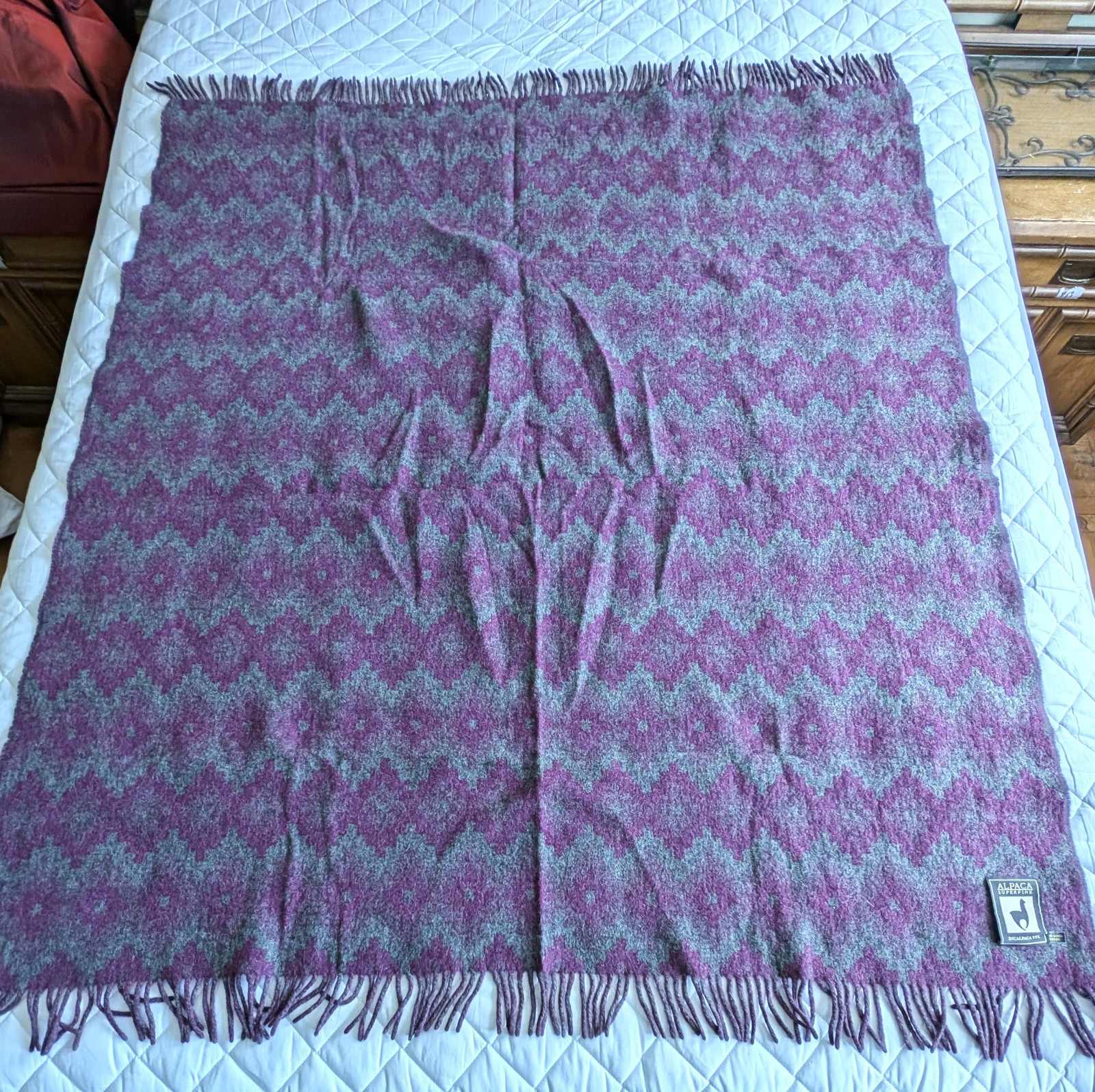 NEW Alpaca Superfine Wool Purple Gray Fringed Throw Blanket 50" x 59" (127x149) gallery