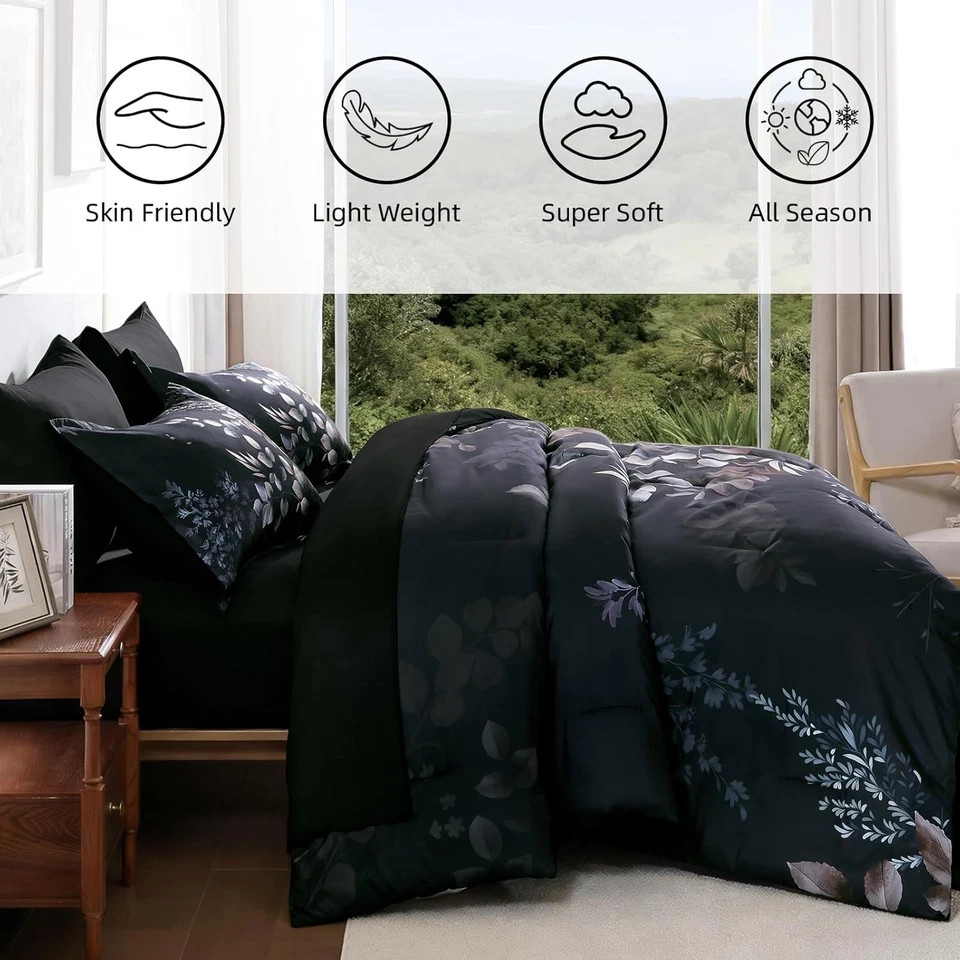 Black Comforter Set Queen Size 7 Pieces Bed in a Bag, Botanical Floral Print Bed gallery