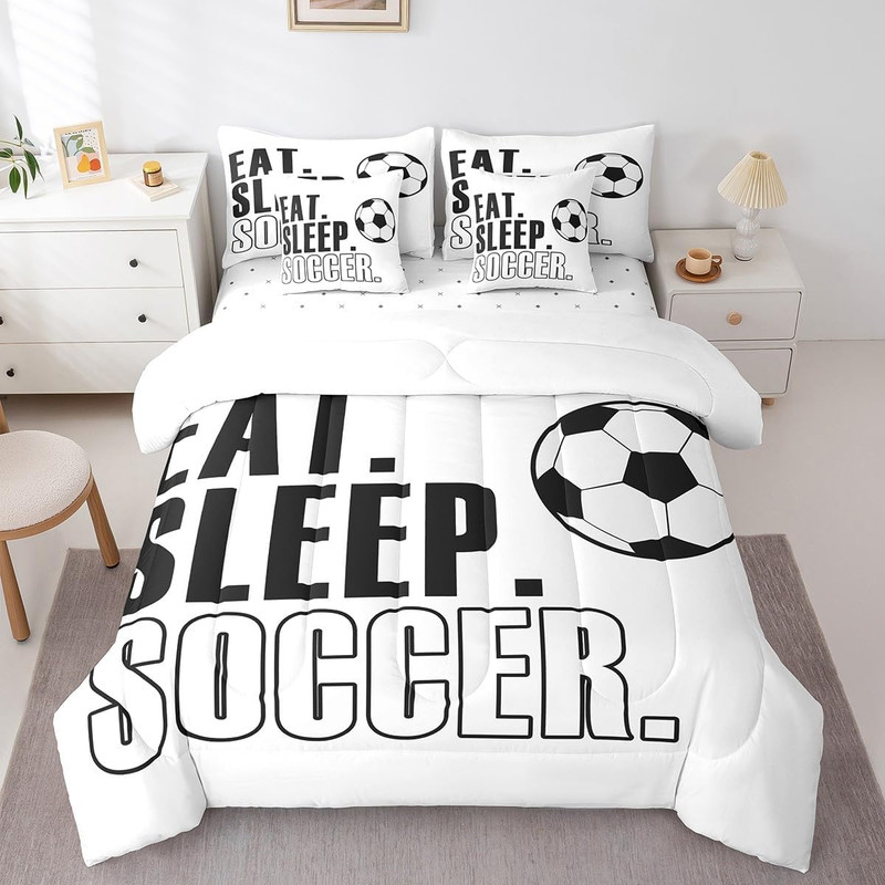 Soccer Ball Comforter Set with Sheets Queen Size White Football 7 Pieces Bedding gallery