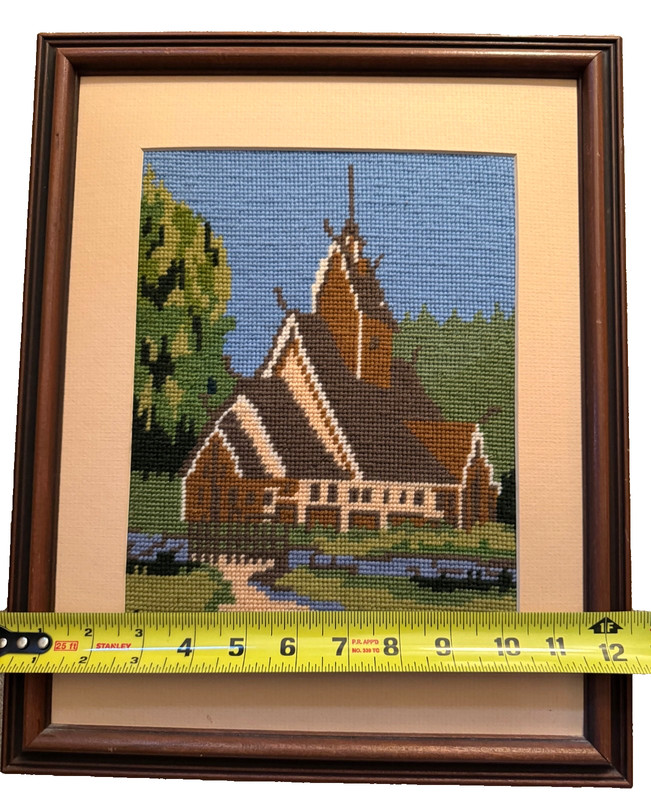 Norwegian Needlepoint Framed Embroidery Wool Norway Stave Church 12" x 15" VTG gallery