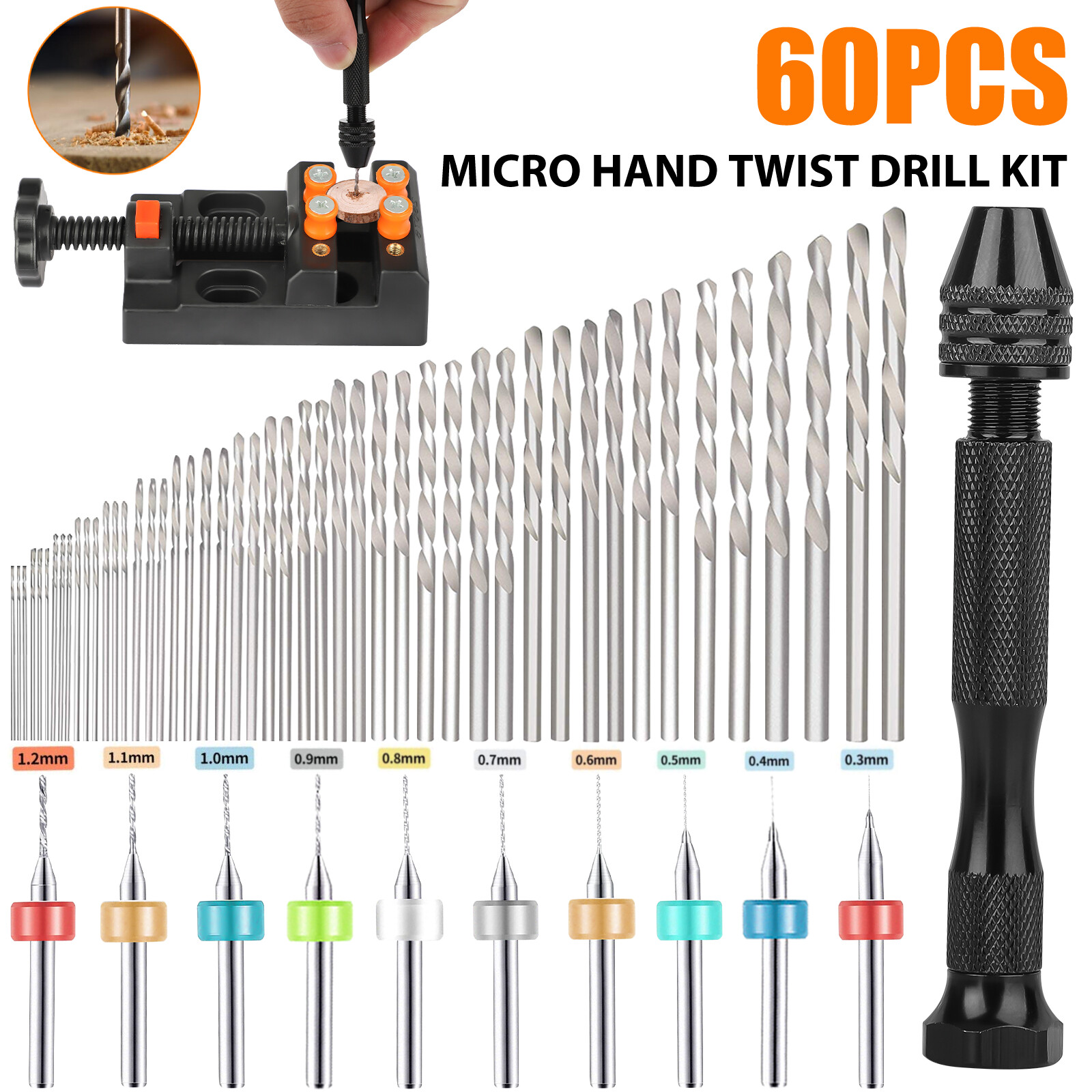 60Pcs Mini Micro Hand Drill Bits Set Small Manual Keyless Chuck Pin Vise Rotary gallery