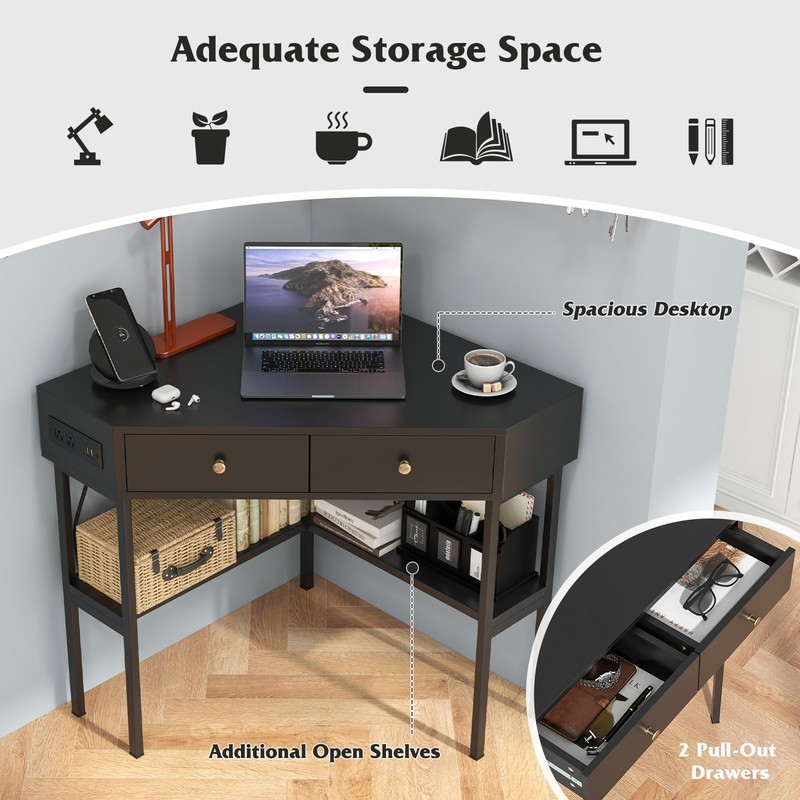 Costway Writing Workstation Study Desk Home Office Study Desk w/ 2 Drawers Black gallery