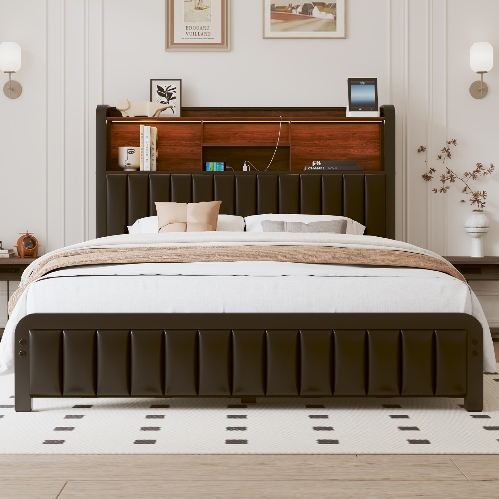 Queen Size LED Bed Frame with 3-Tier Storage Headboard＆Charging Station gallery