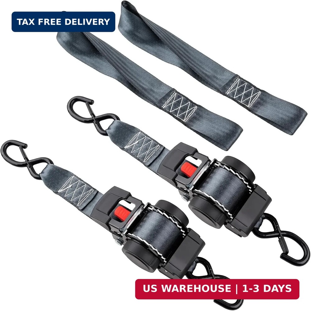 2 Pack Retractable Ratcheting Straps - 2 Inch x 10 Feet, 3,000lbs Break Strength