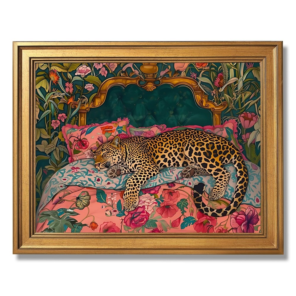 Gold Framed Sleeping Leopard Wall Art Luxury Jungle Colorful Cheetah Animal P...
