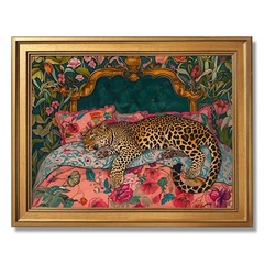 Gold Framed Sleeping Leopard Wall Art Luxury Jungle Colorful Cheetah Animal P…