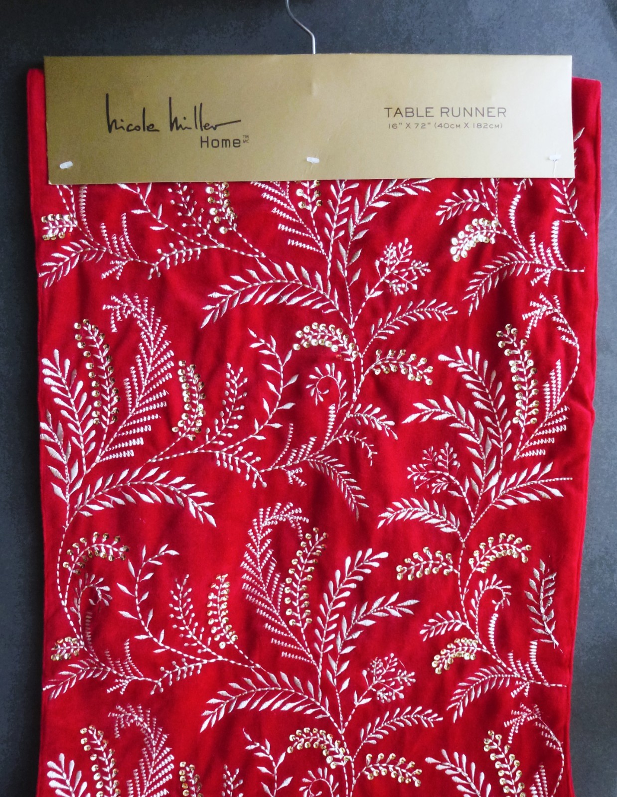 NICOLE MILLER Vibrant Red TABLE RUNNER Metallic Embroidery Sequins 16" x 72" gallery