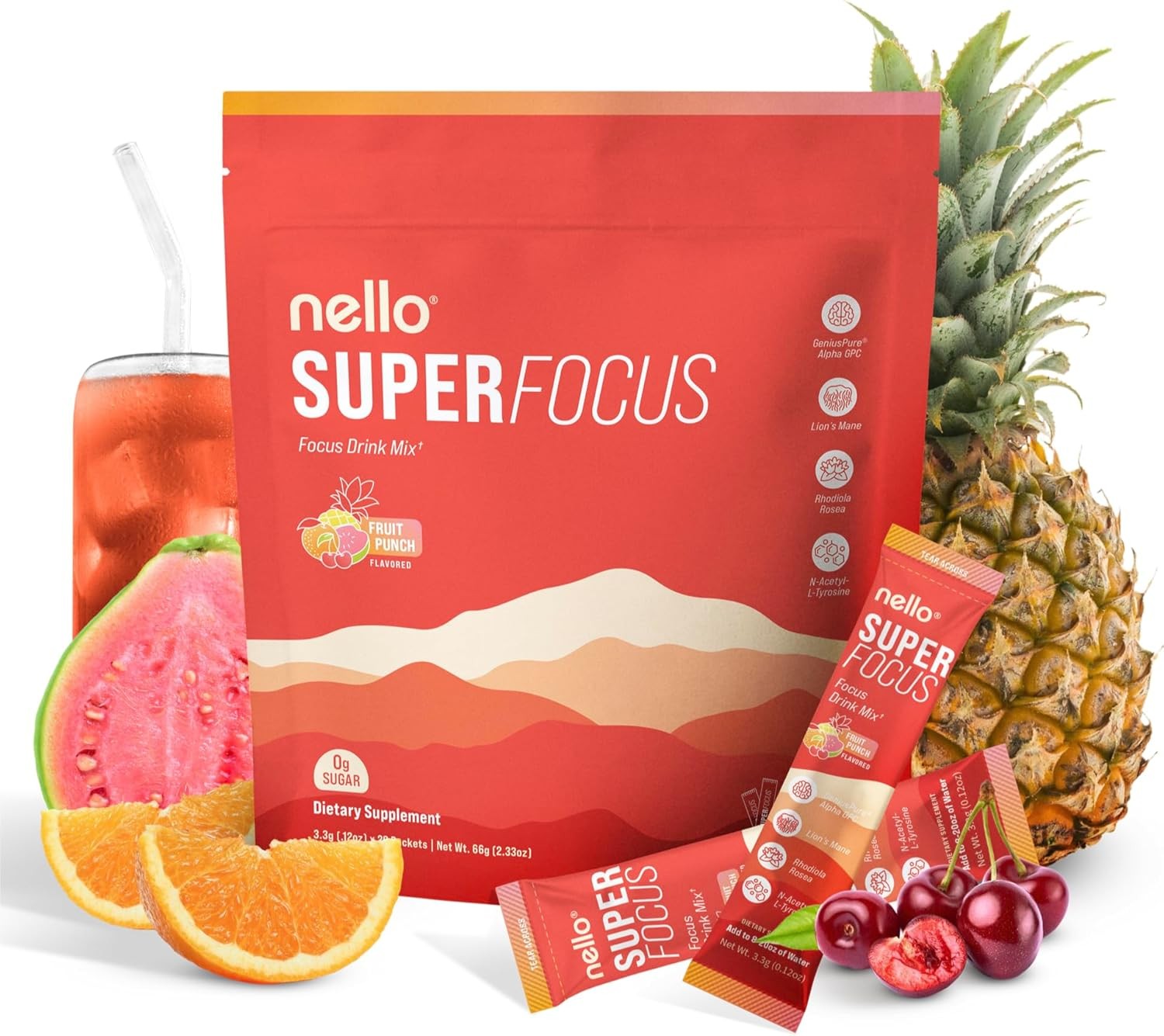 Nello Superfocus Focus Drink Mix – Fruit Punch Flavor – Alpha GPC,Lion’s Mane gallery