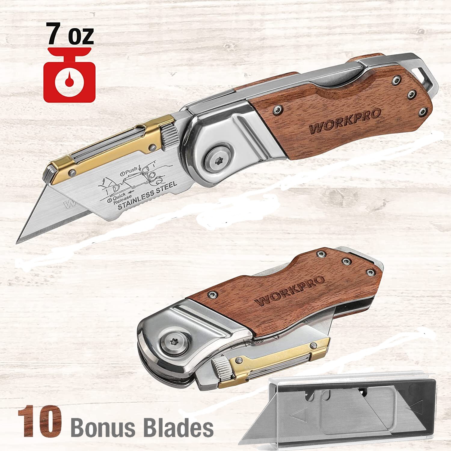 WORKPRO Folding Utility Knife Wood Handle Heavy Duty Cutter W/Extra 10PCS Blades gallery
