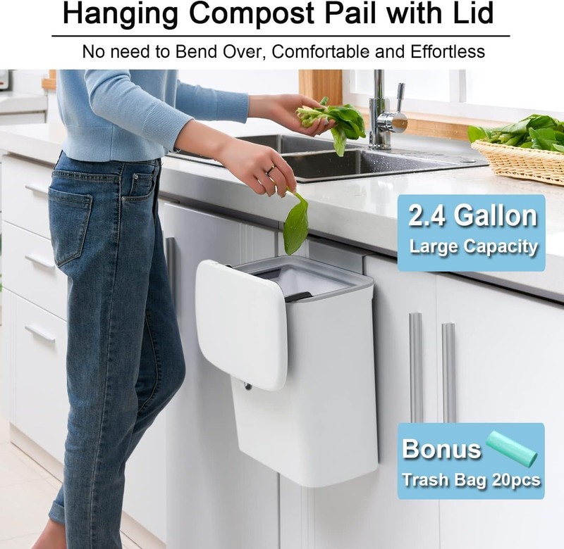 Kitchen Compost Bin 2.4 Gallon Odorless Hanging Trash Can with Lid gallery