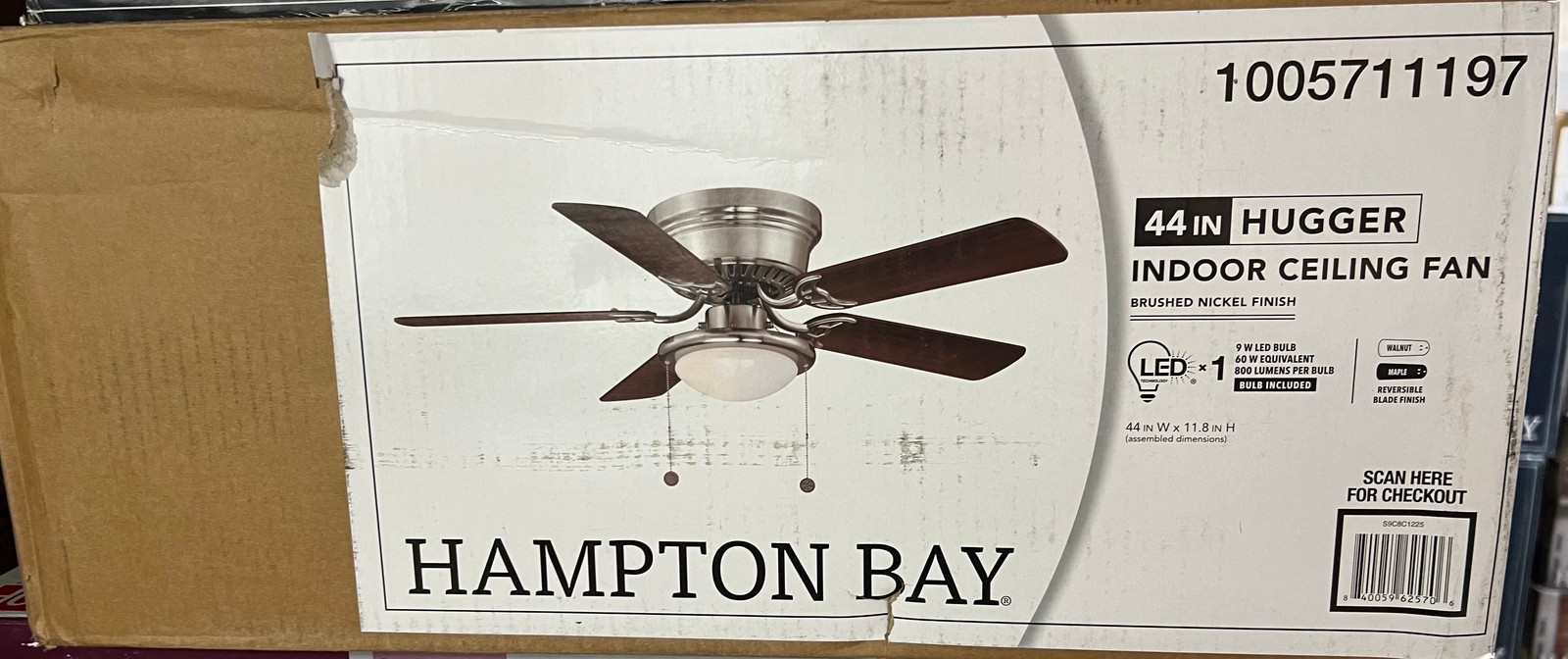 Hampton Bay Hugger 44 in. LED Indoor Brushed Nickel Ceiling Fan with Light Kit gallery