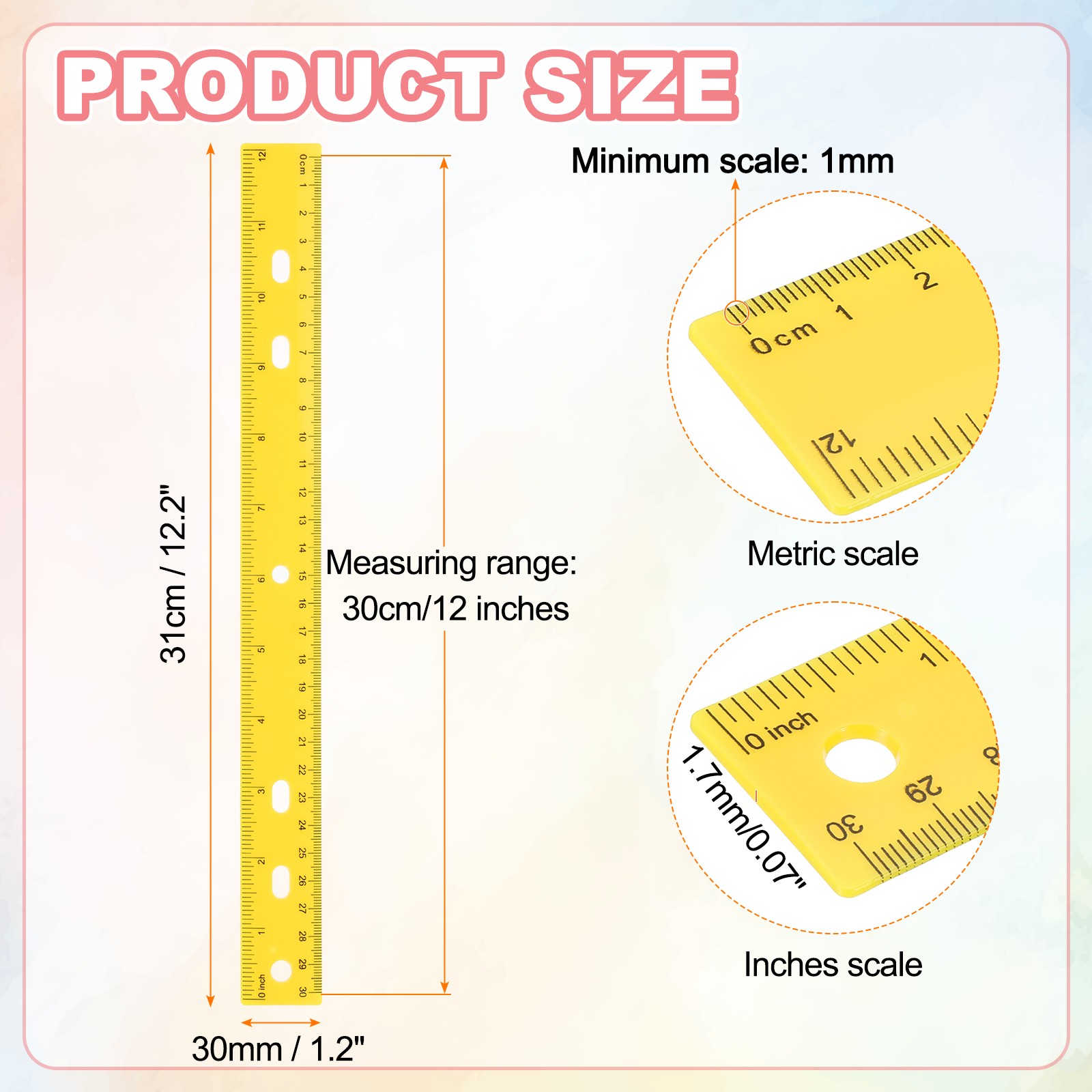 5pcs Plastic Rulers 12"(30cm) Clear Straight Ruler with Hole Yellow gallery