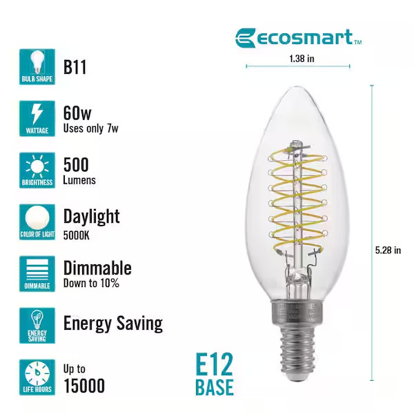 Ecosmart 60-Watt Equivalent Dimmable E12 Candelabra 3 Pack B11 Daylight Clear gallery